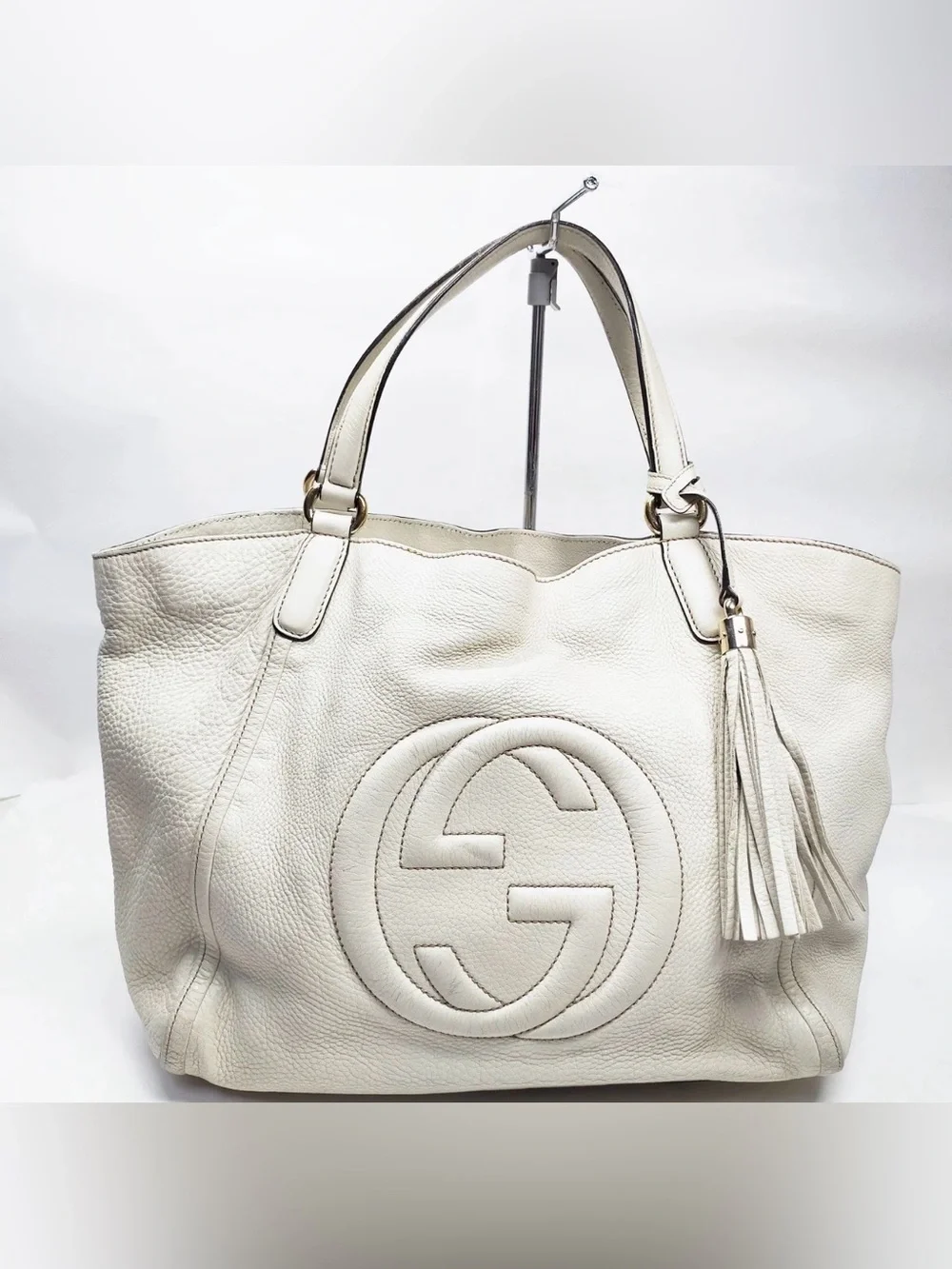 Gucci Cream Leather Tote with Signature Double G and Tassel